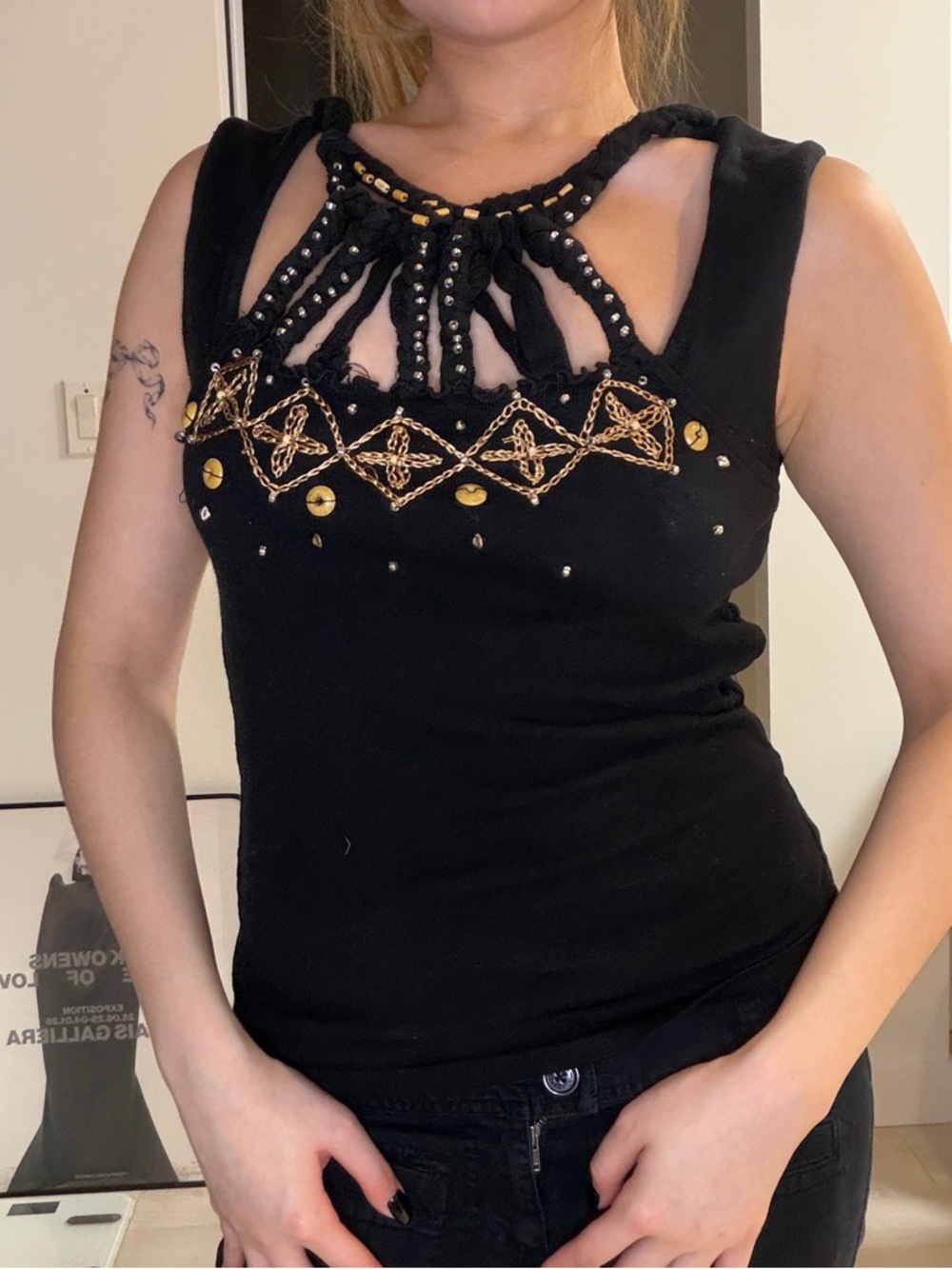 Embellished Black Sleeveless Chain-Detail Women's Top